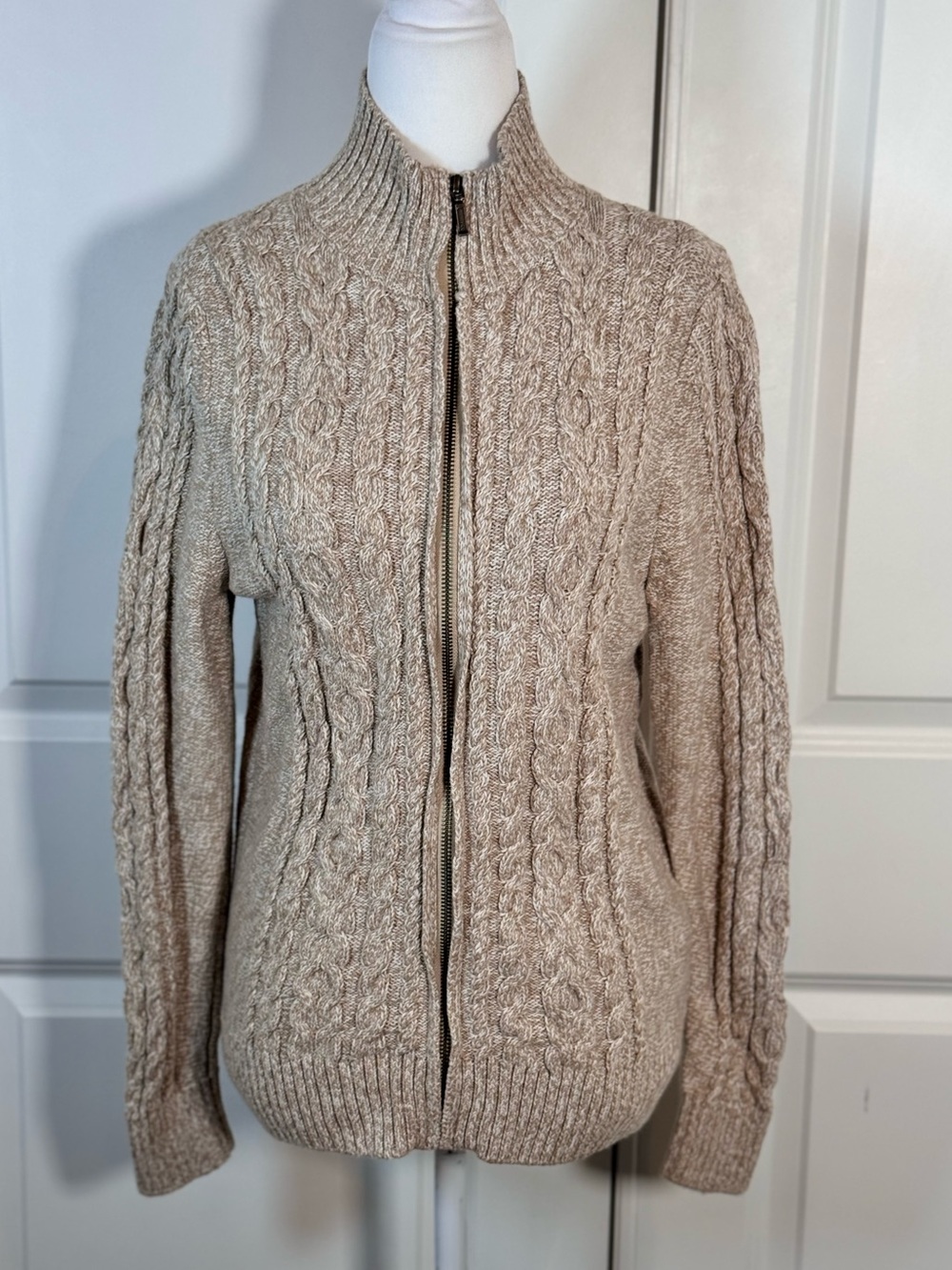 L.L.Bean Double L Mixed Cable Cardigan Sweater L Petite Cotton Full Zip Oatmeal